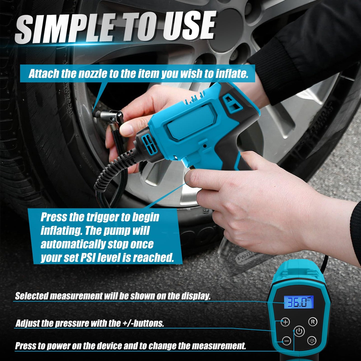 Battery compressor for Makita 18v, 130PSI electric air pump car compressor, LED digital pressure display, auto-off function, ideal for bicycle/car/ball (A)