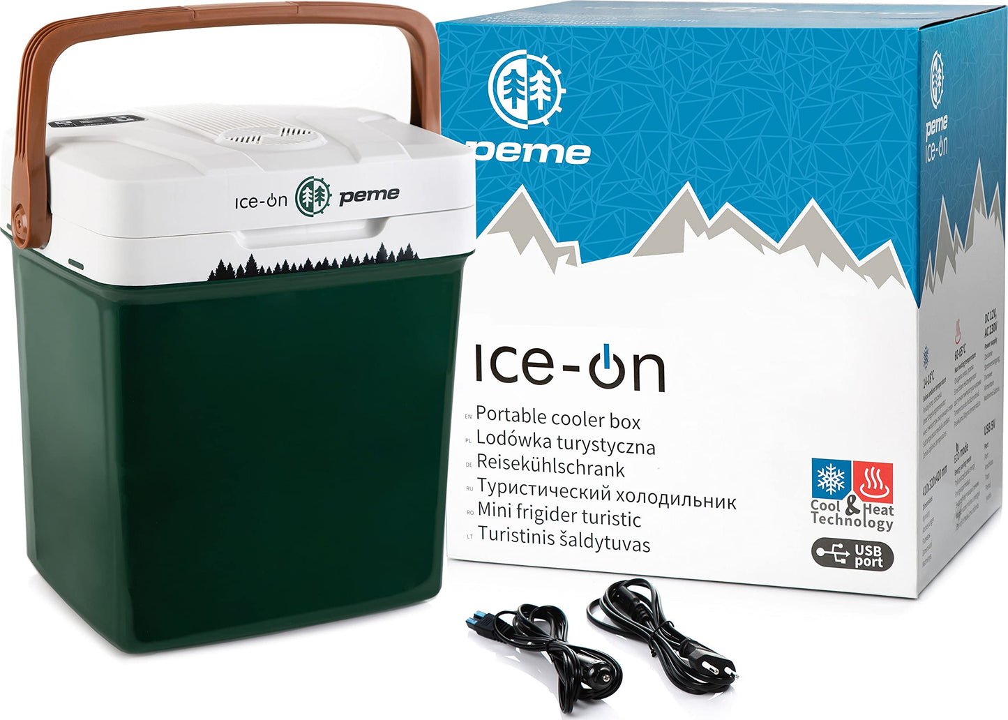 peme Essential Auto Cooler 22.9L - Electric cooling and heating box, Dual power 12V & 230V, Eco mode, USB charging function, secure lid locking, for car, boat, camping.