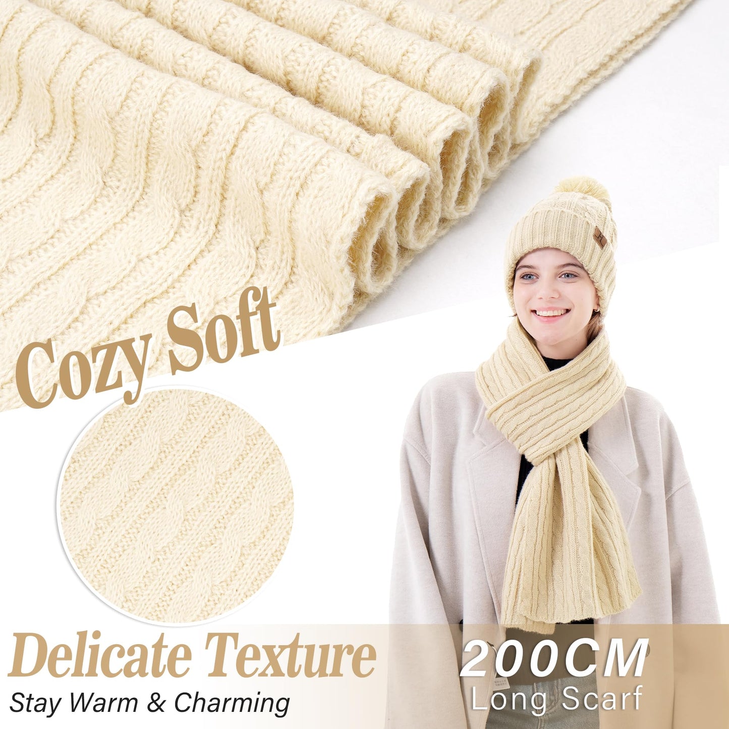 Comfortable charging women's winter warm beanie hat touchscreen gloves long scarf set with fleece lining, thermal winter hat pom pom beanies scarves winter gloves women's gift, apricot