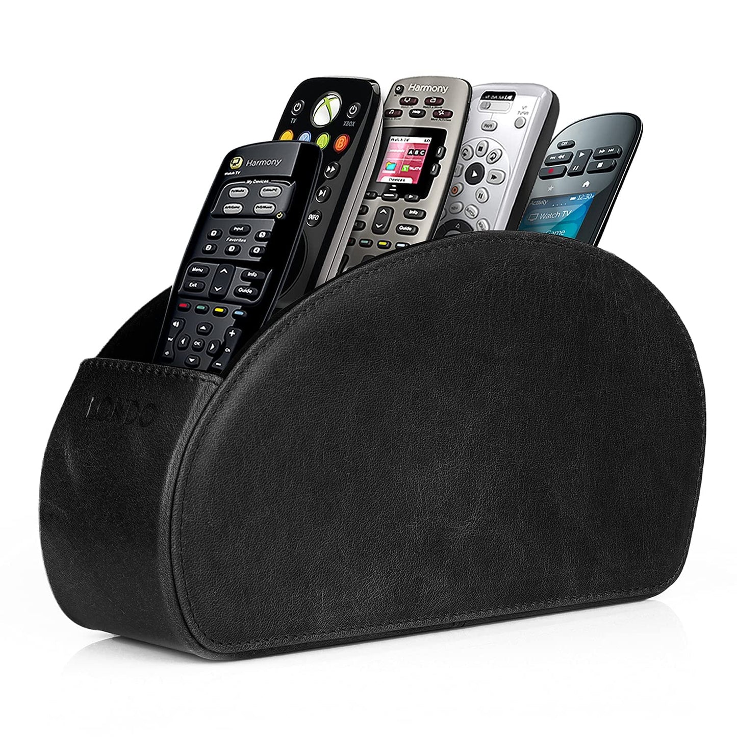 London Remote Control Holder with 5 pockets - space for DVD, Blu-Ray, TV, or Apple TV remotes - Italian genuine leather with suede lining - slim compact for living room storage.