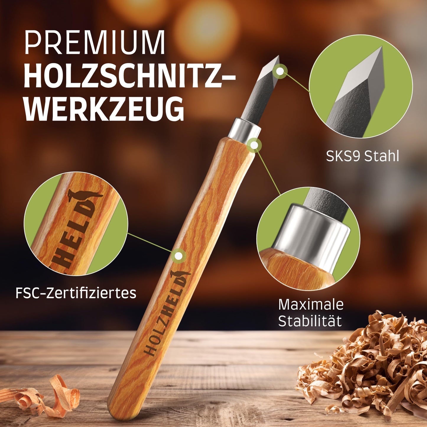 WOODHERO Wood Carving Tool Set (16 pieces) with instructions for 1 carving project - 12 high-quality carving knives for carving with practical tool bag.