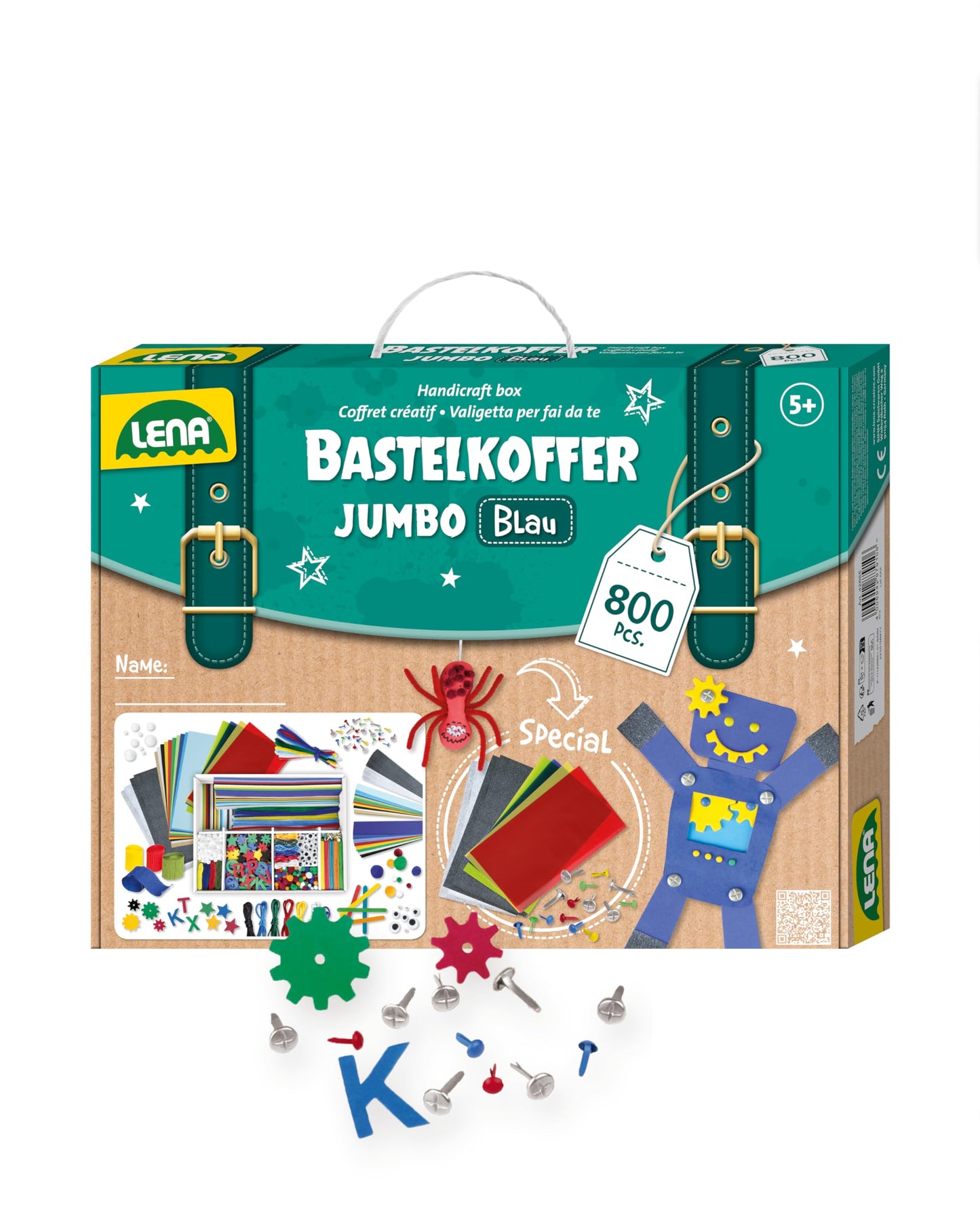 Lena 42665 - Jumbo craft kit with 800 pieces in bold colors, crafting materials like foam, colored paper, pom poms, ribbons, googly eyes, wooden sticks, and more. For ages 5 and up, in blue.