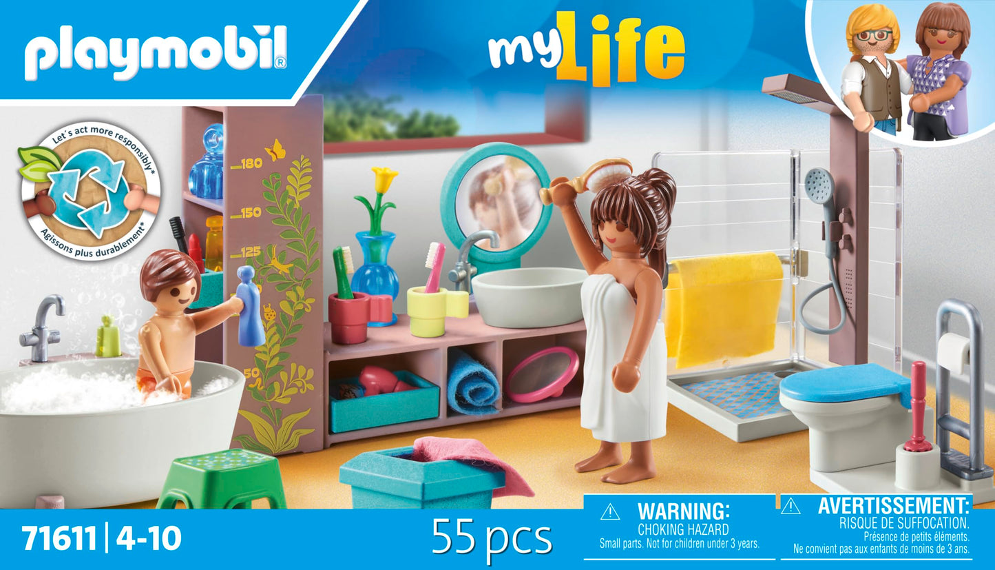 PLAYMOBIL MyLife 71611 Bathroom, including two figures and numerous accessories, made from over 80% recycled and bio-based materials, detailed toy for children ages 4 and up.