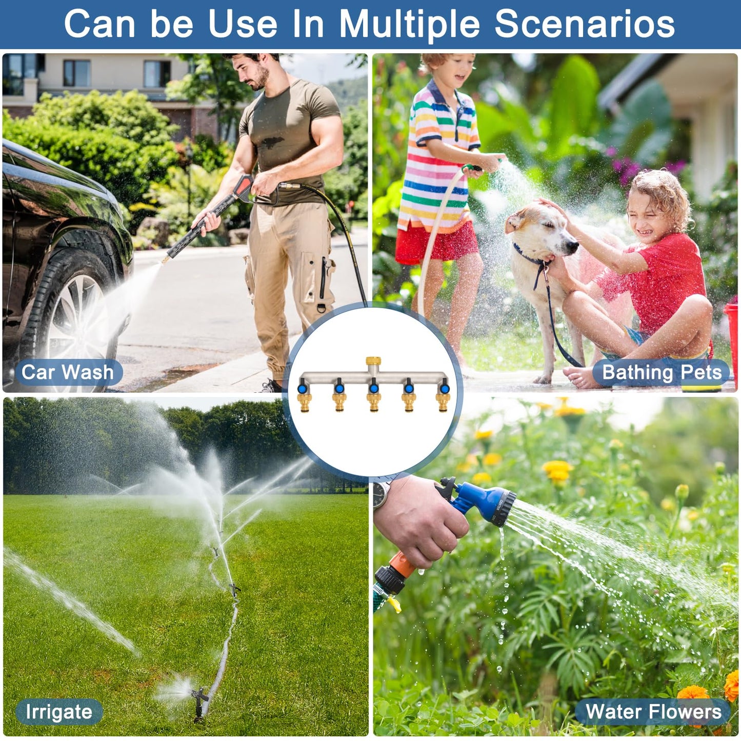 5-way water tap water distributor made of brass for 5 devices/garden hoses, 5-way distributor 3/4" adapter 1/2" with ball valve for adjusting and shutting off water flow.
