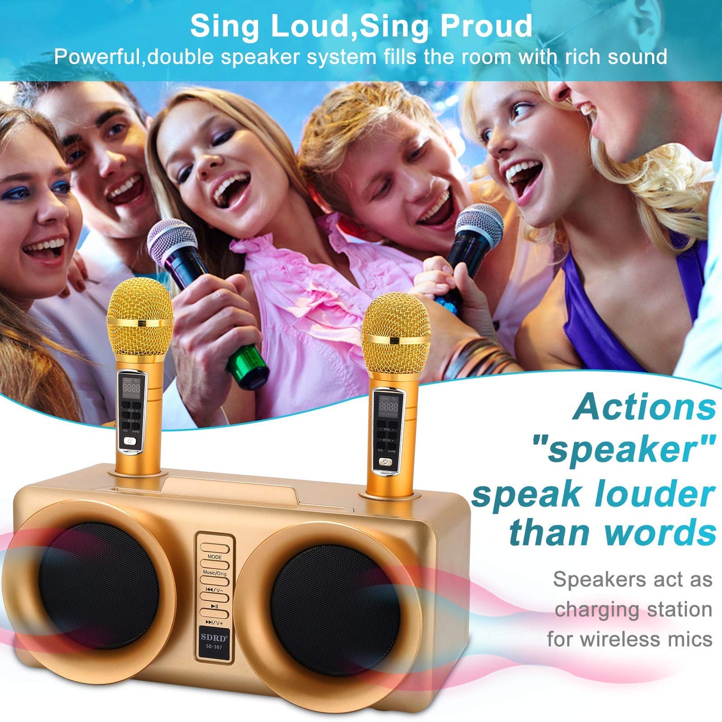 ALPOWL Karaoke Machine for kids and adults, portable Bluetooth speaker PA system with 2 UHF wireless microphones for home party, wedding, church, picnic, outdoor/indoor (Gold)