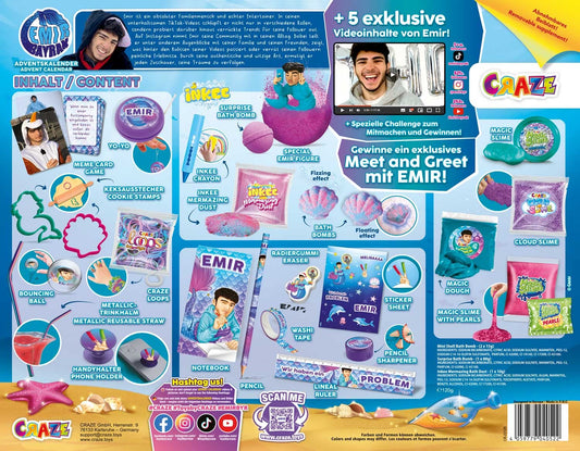 CRAZE Advent Calendar for kids, Tiktok star Emir Bayrak Mermaid toy Christmas calendar for kids with INKEE bath bombs, compound mix, and exclusive content.