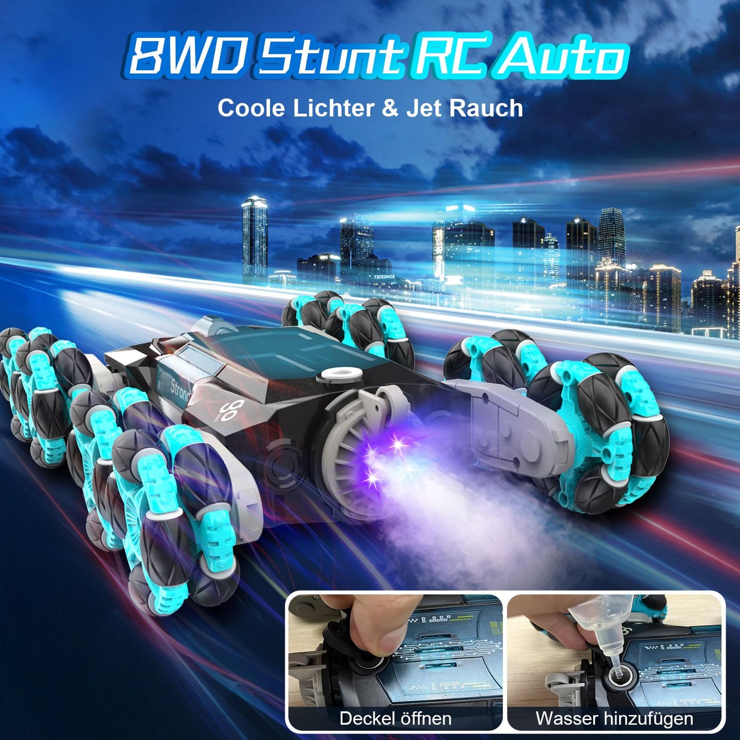 Nauotk Remote Control Car, 2.4 GHz RC Car for 6 7 8 9 10 11 12 years old, 8WD Stunt Drift Car with Gesture Sensor, Cool Lights and Spray Mist, 2 Battery Toys, Kids Robot-Blue