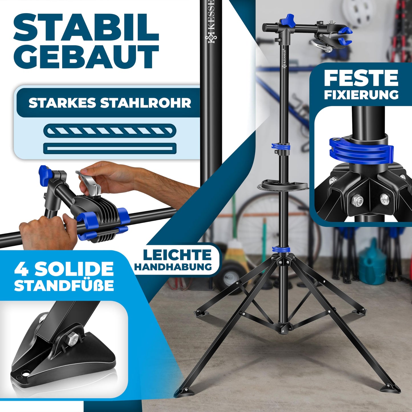 KESSERยฎ bike assembly stand professional repair stand bike stand + bag bike repair stand up to 30 kg bike assembly stand incl. tool tray + magnetic compartment, rotatable mountain bike, blue