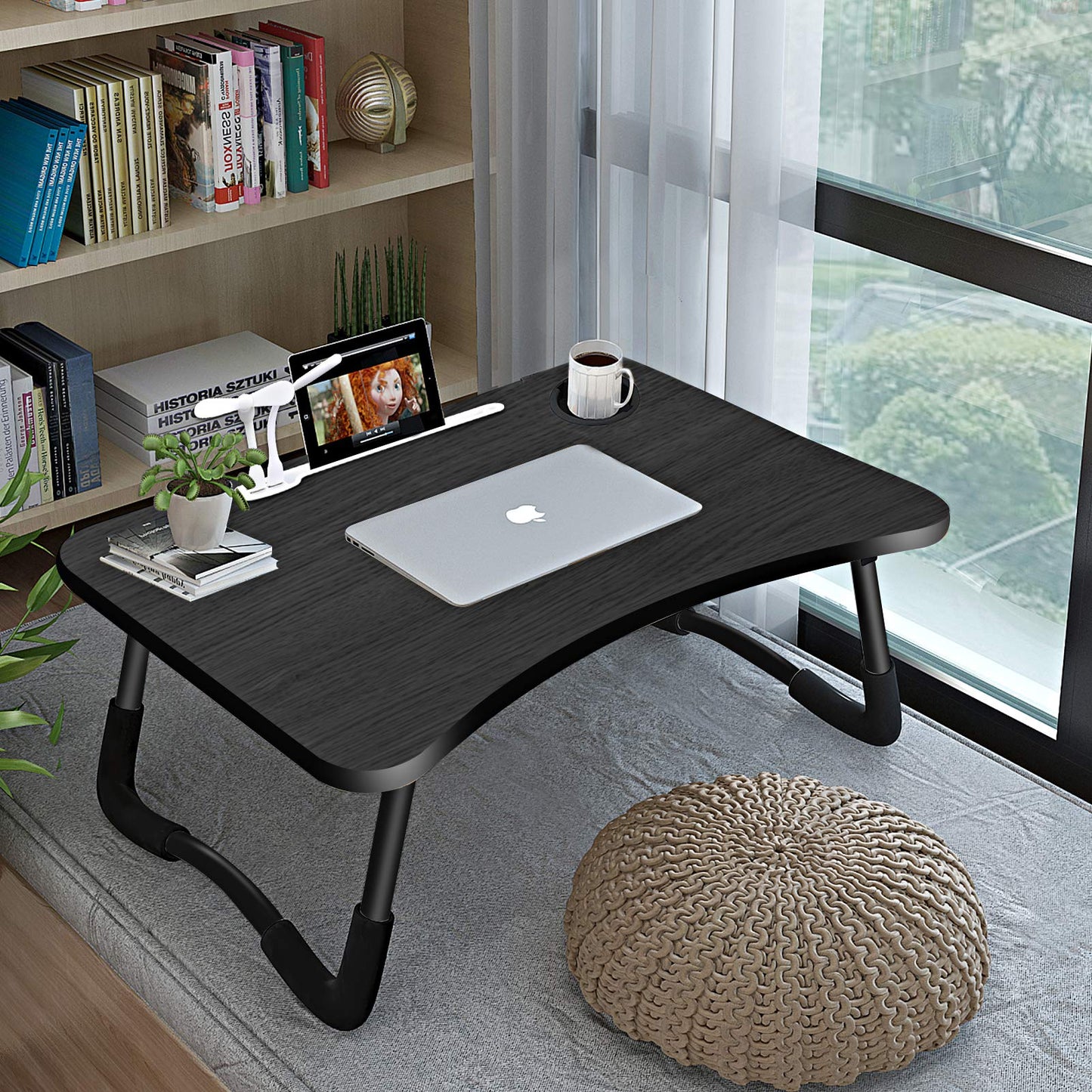 A3A ACADGQ laptop table, foldable laptop bed table, notebook desk with 4 USB charging ports, drawer, pad stand, cup holder, for bed, sofa, floor (60 x 40 cm, black)