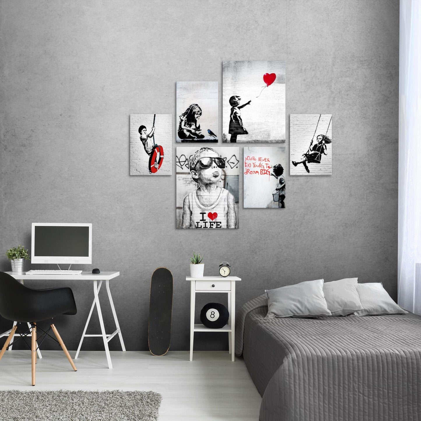 Novart Wall Art Set Banksy Collage Street Art Gray - NO EXTRA FRAME NEEDED - Modern Decor - Living Room Office Loft N003163a