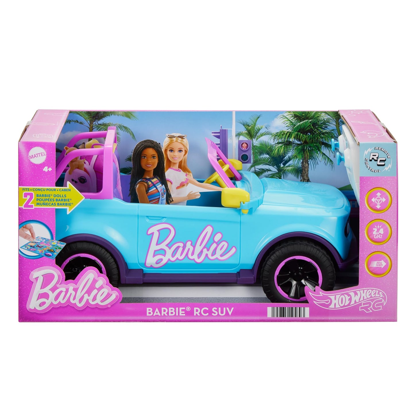 Hot Wheels Remote Control Car, Barbie Remote Controlled SUV with stickers, fits 2 Barbie dolls plus accessories, customize with adhesive stickers, HTP53