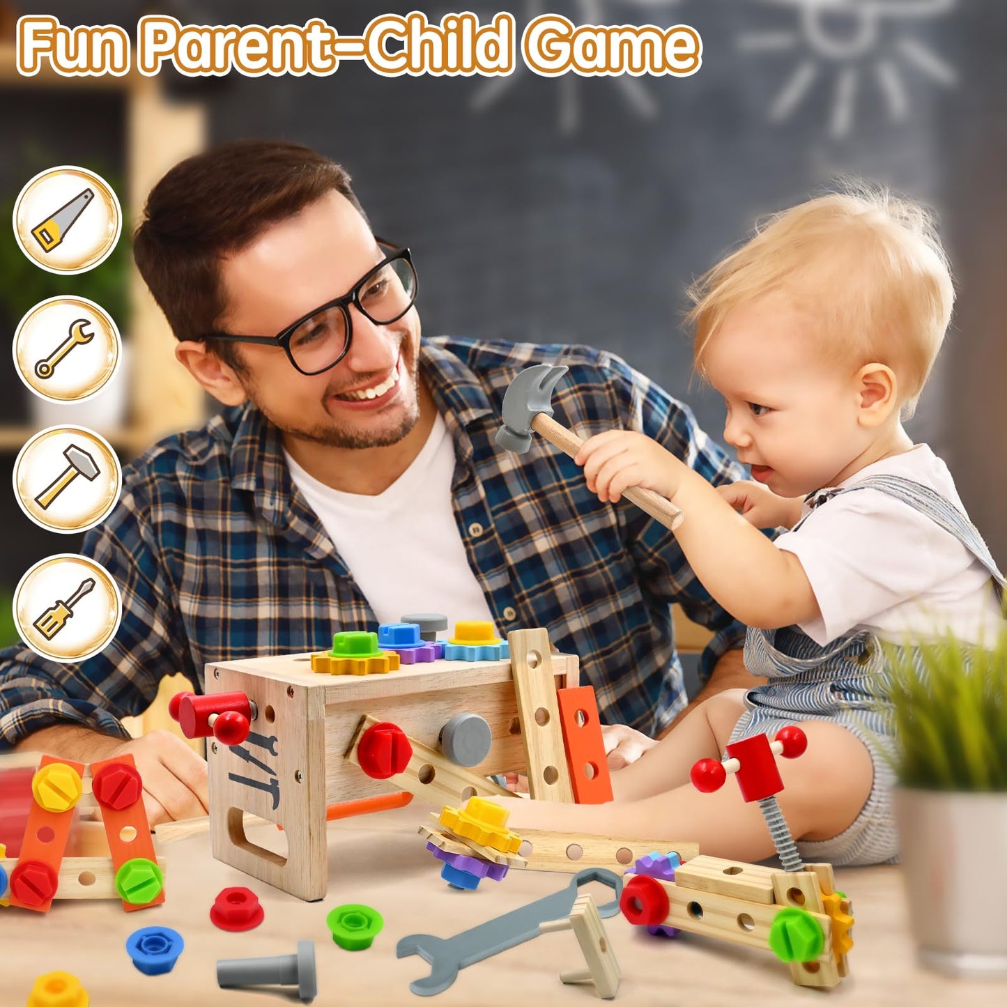 Toolbox for kids 2 3 4 years old, Montessori wooden toy tool set workbench learning games hammering toy screwdriving game gifts for boys girls 3 years old and up