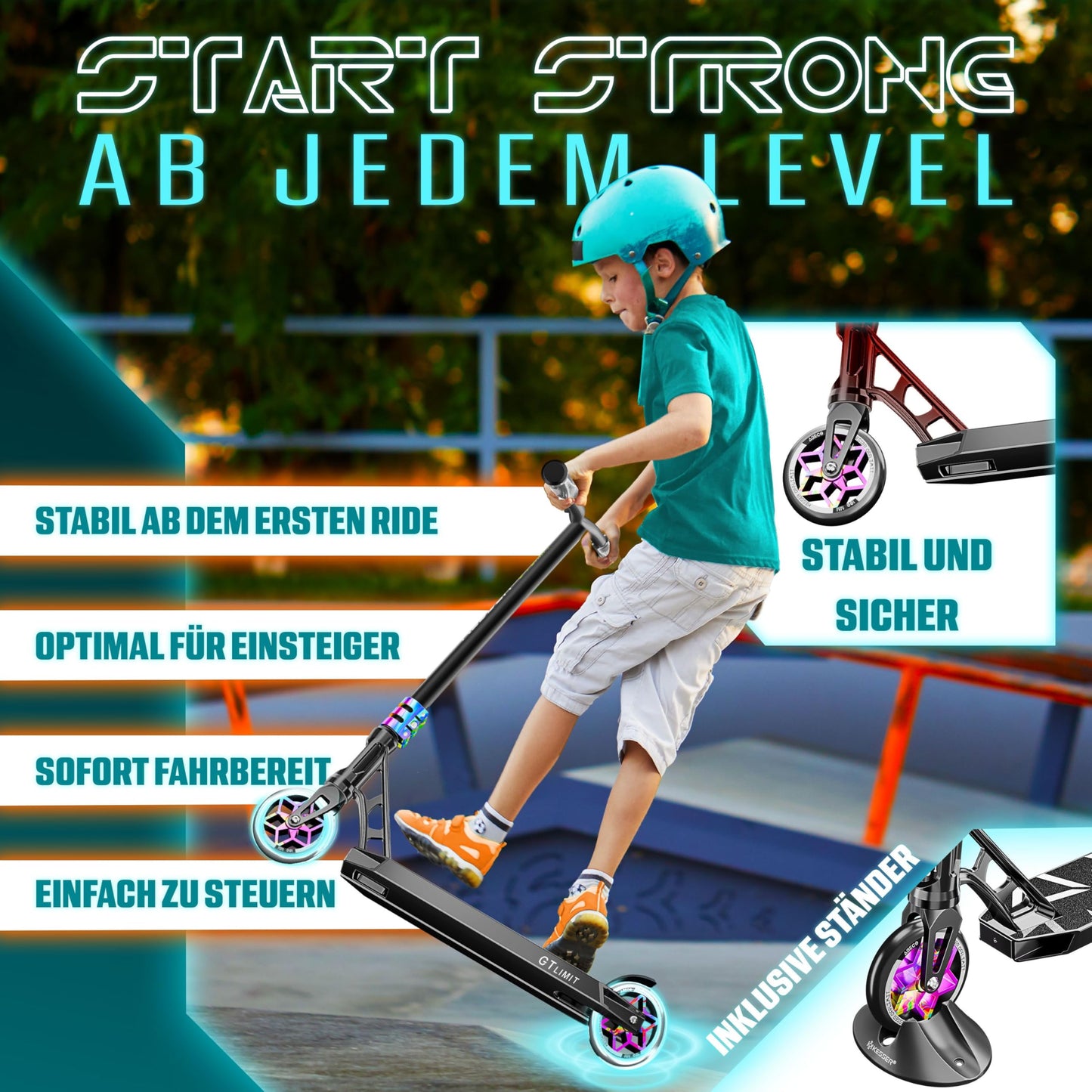 KESSERยฎ Stunt Scooter GT-Limit 360ยฐ steering fun scooter stunt scooter with stand ABEC 9 bearings, 110 mm PU wheels, kick scooter push scooter trick roller for kids adults.