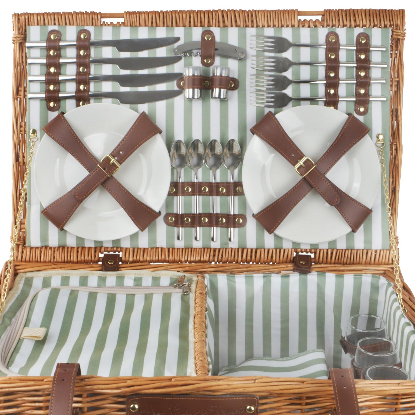 Campfire picnic basket for 4 people with 29-piece dish set and cooler compartment. Striped interior pattern, wicker basket with faux leather straps. Includes picnic bag and set.