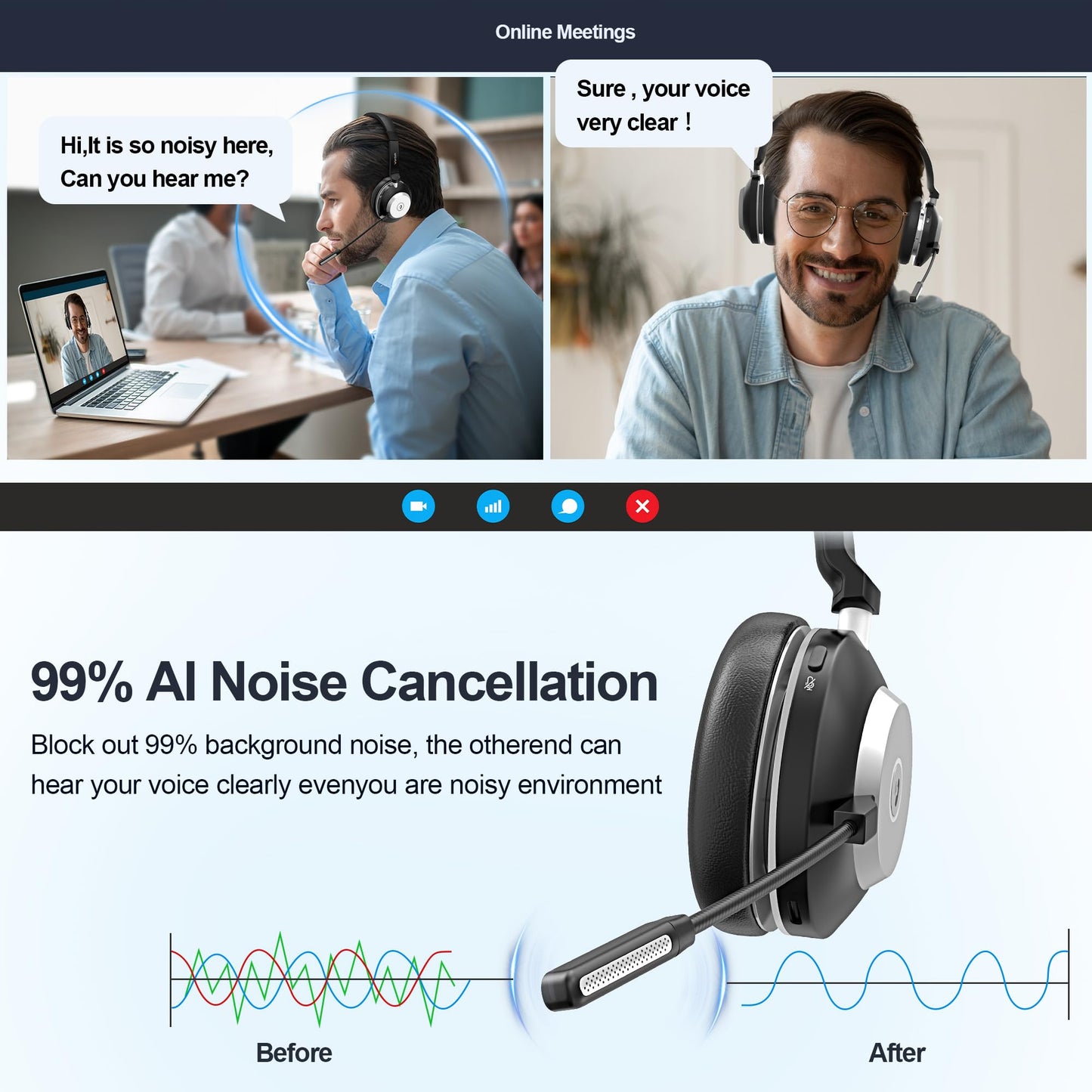 Wantek Wireless Headset with Microphone, Bluetooth Headset with Charging Dock, Wireless Headphone with Microphone and USB Dongle, Call Center Headphone for Computer Laptop Teams Office Zoom Skype.