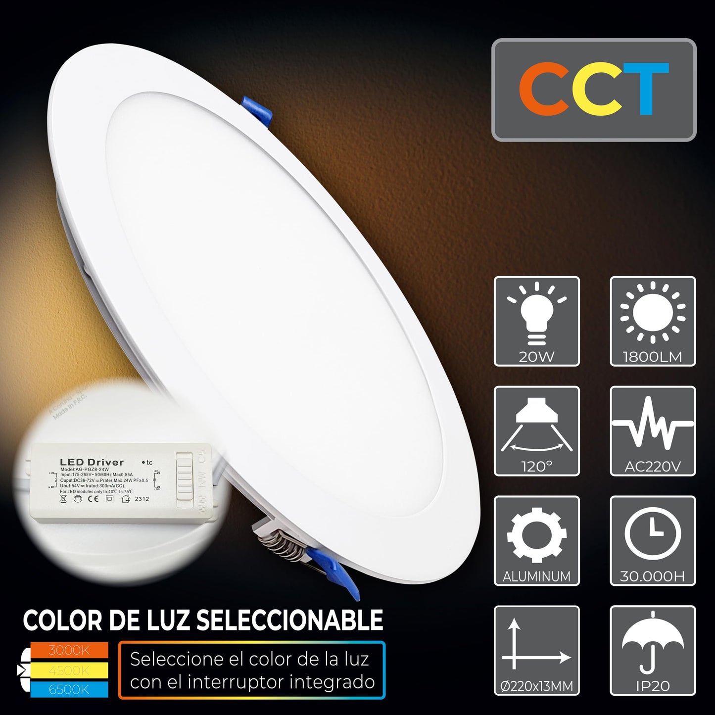 LED ATOMANT Pack of 10 LED Recessed Downlights Round Flat 220mm 20W, CCT (color temperature switch warm white, neutral white, or cool white), Diameter 200mm, 1800 lumens, Includes driver.
