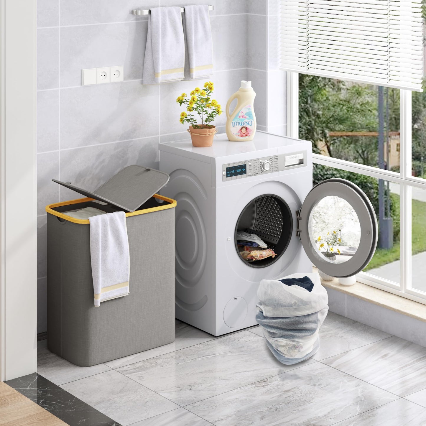 Adel Dream 140L laundry basket with lid, 2 compartments, laundry bag can be folded (Grey)