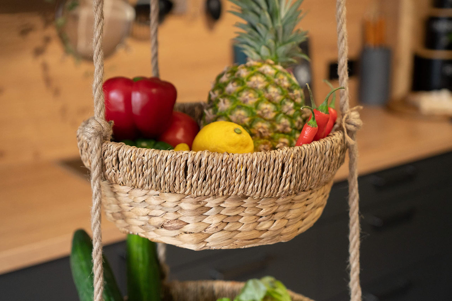 Decorasian Hanging Fruit Basket, Large 3-tiered stand made of water hyacinth - Fruit rack for storing fruits and vegetables - Hanging basket - 34cm