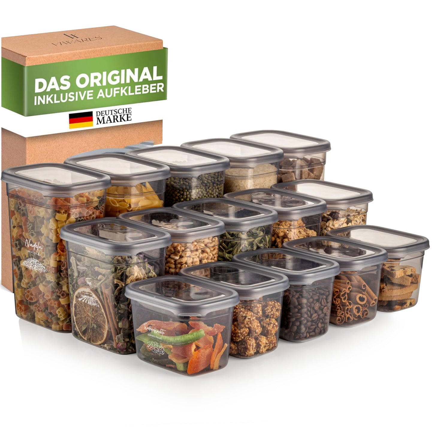 Viwares airtight storage containers with lids | 15-piece storage container set | BPA-FREE | For storing muesli, flour, and sugar | Practical kitchen storage box for all foods