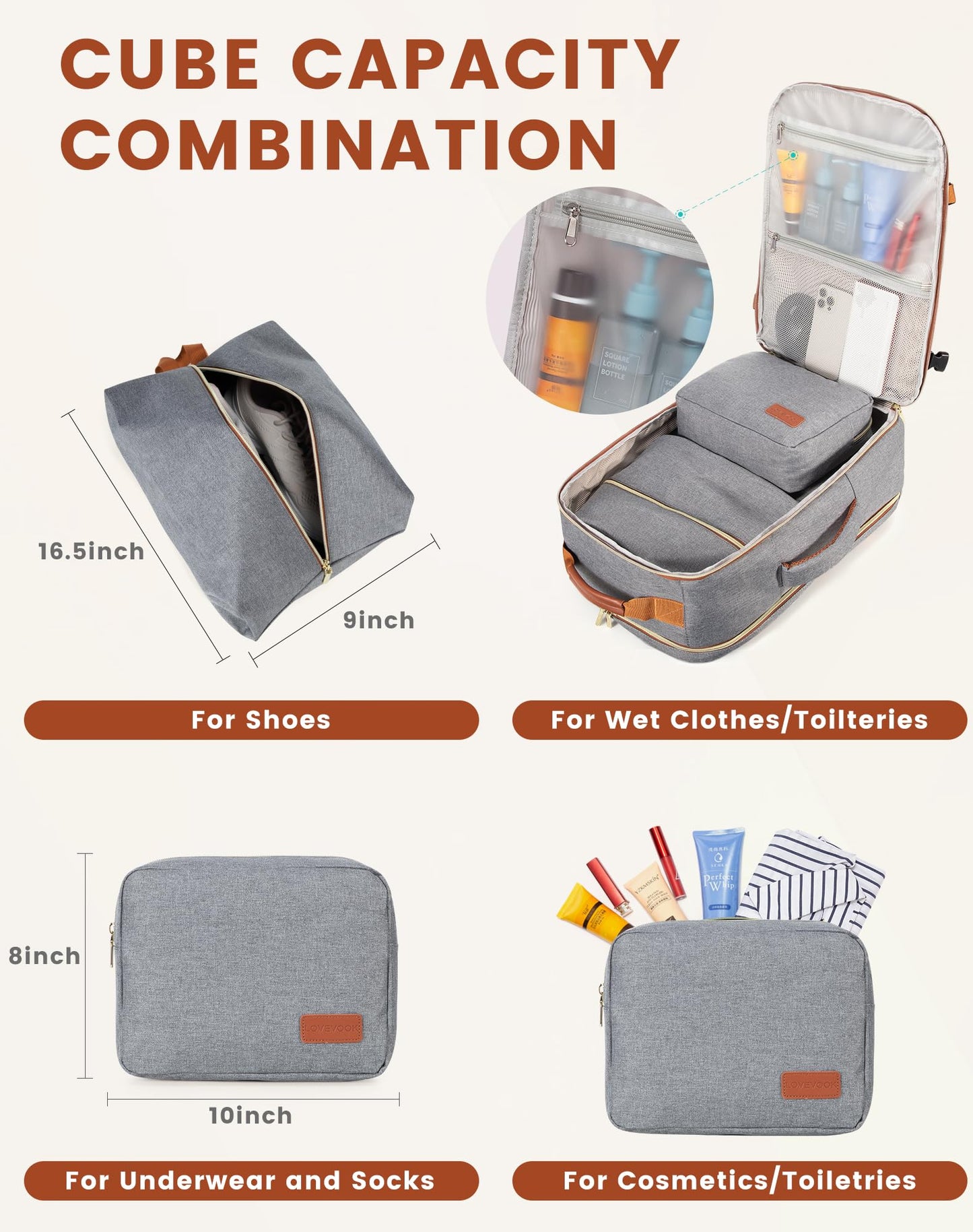 LOVEVOOK carry-on backpack, 40L large travel backpack for women, airplane suitcase travel backpack, waterproof duffel with 17-inch laptop compartment for travel, business trip, weekend hiking, gray.