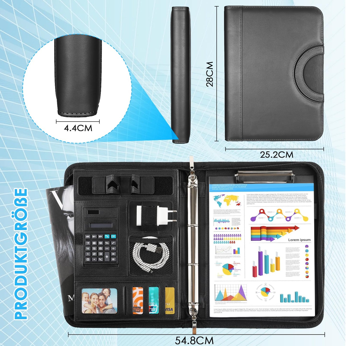 A4 writing case, A4 conference folder with phone holder, leather document folder with zipper, waterproof file folder with ring binder clipboard notepad, portfolio folder for business meeting, black.