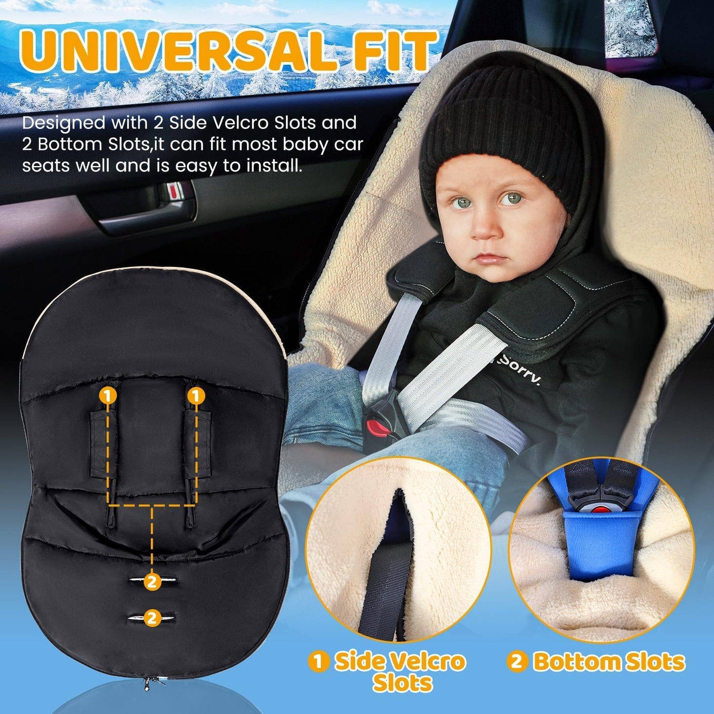 Orzbow Footmuff Infant Car Seat Winter,Universal Wraparound Infant Car Seat Winter Blanket with Adjustable Collar,Warm Berber Fleece Lining,Zipper,Fits Maxi-Cosi,Cybex,Romer, etc. (Black)