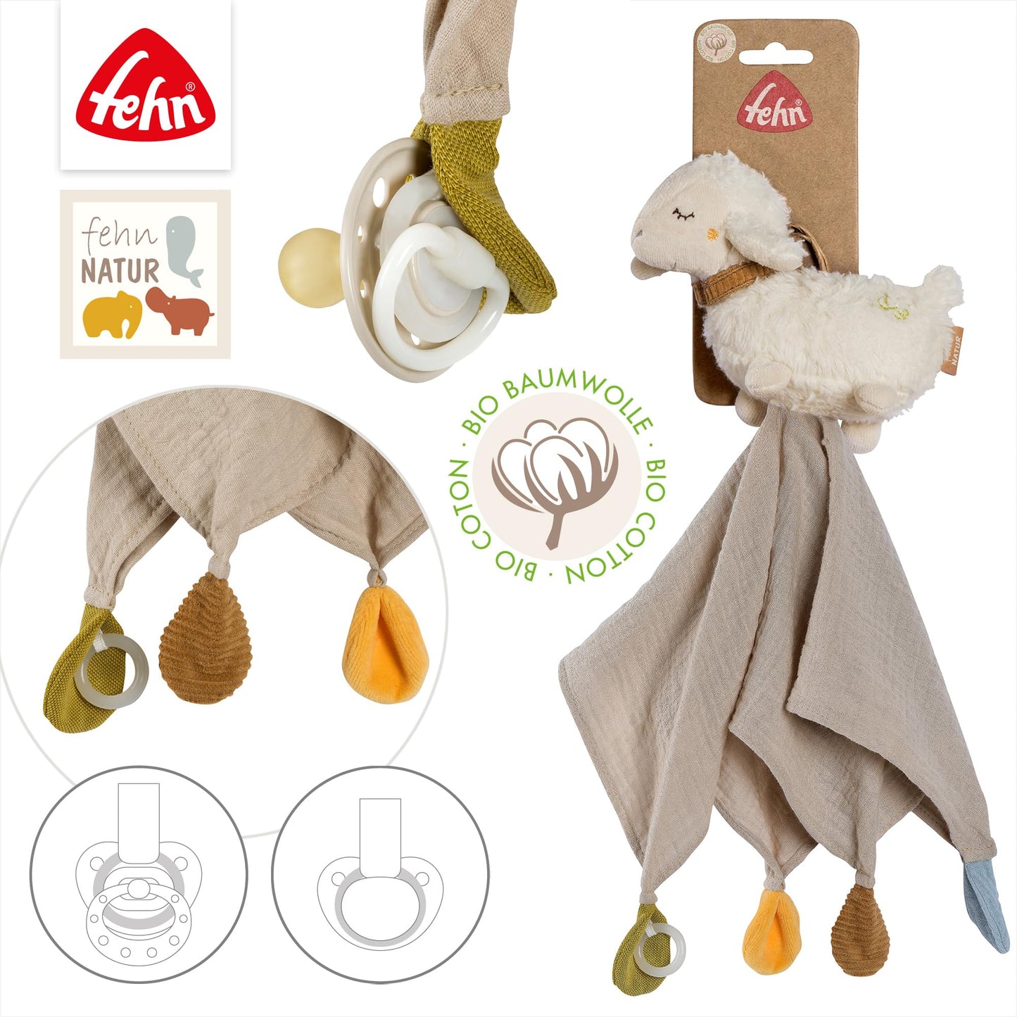 Fehn Cuddle Cloth Sheep Nature - Playmate & cuddly toy comfort blanket made of organic cotton - with pacifier attachment for babies & toddlers from 0+ months.