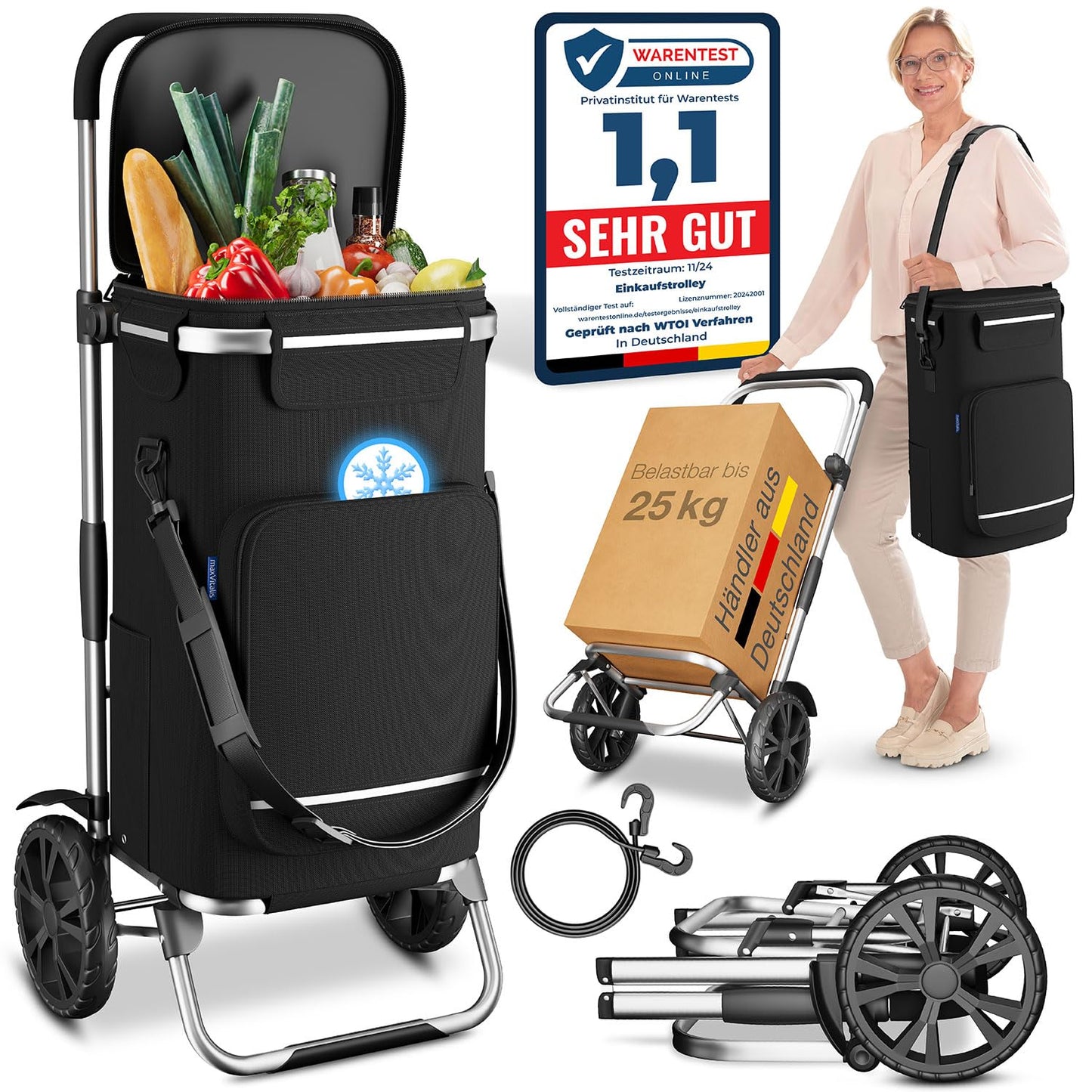 ELONEO Folding shopping trolley with cooler bag, 3-in-1 trolley, hand truck & shoulder bag, shopping cart, 43L capacity & strap, black shopping trolley.