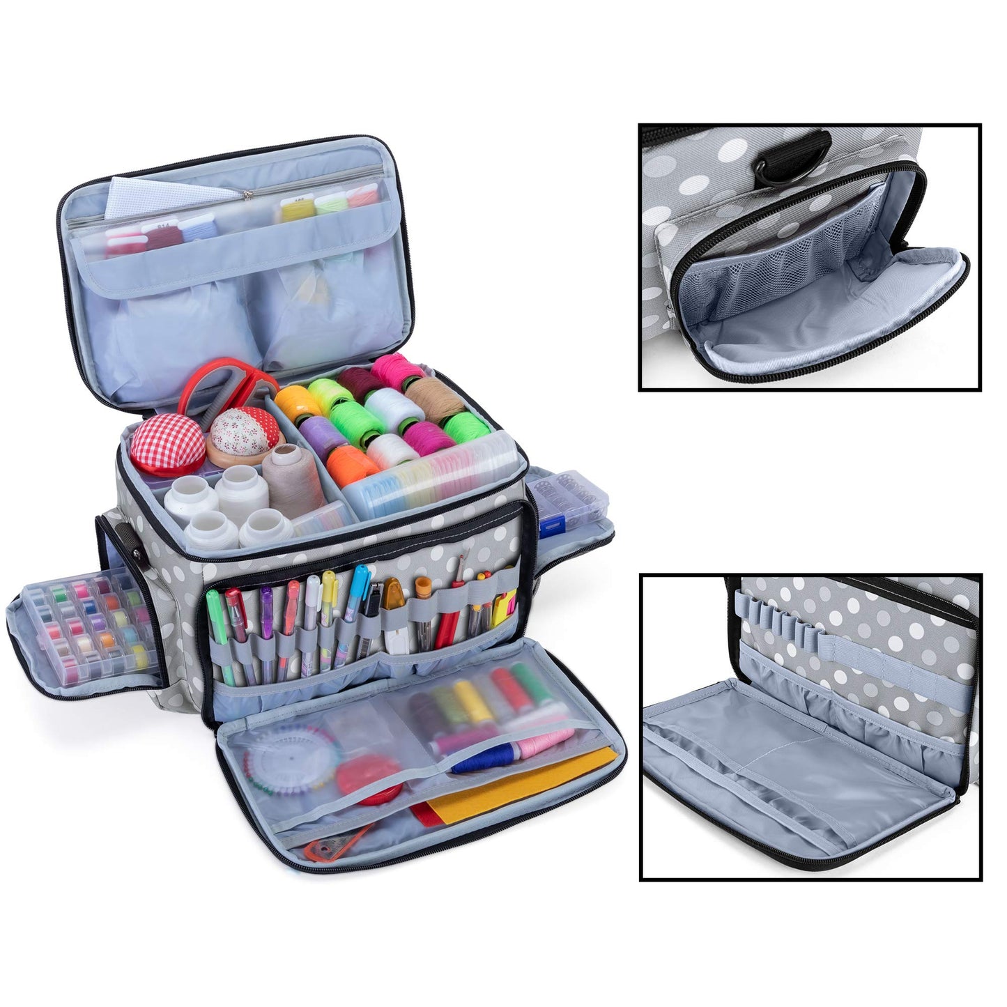 Luxja Sewing Kit Storage, Sewing Accessories Bag Organizer for Beginners, Travelers, Carrying case for sewing machine accessories and sewing tools, Gray Dot