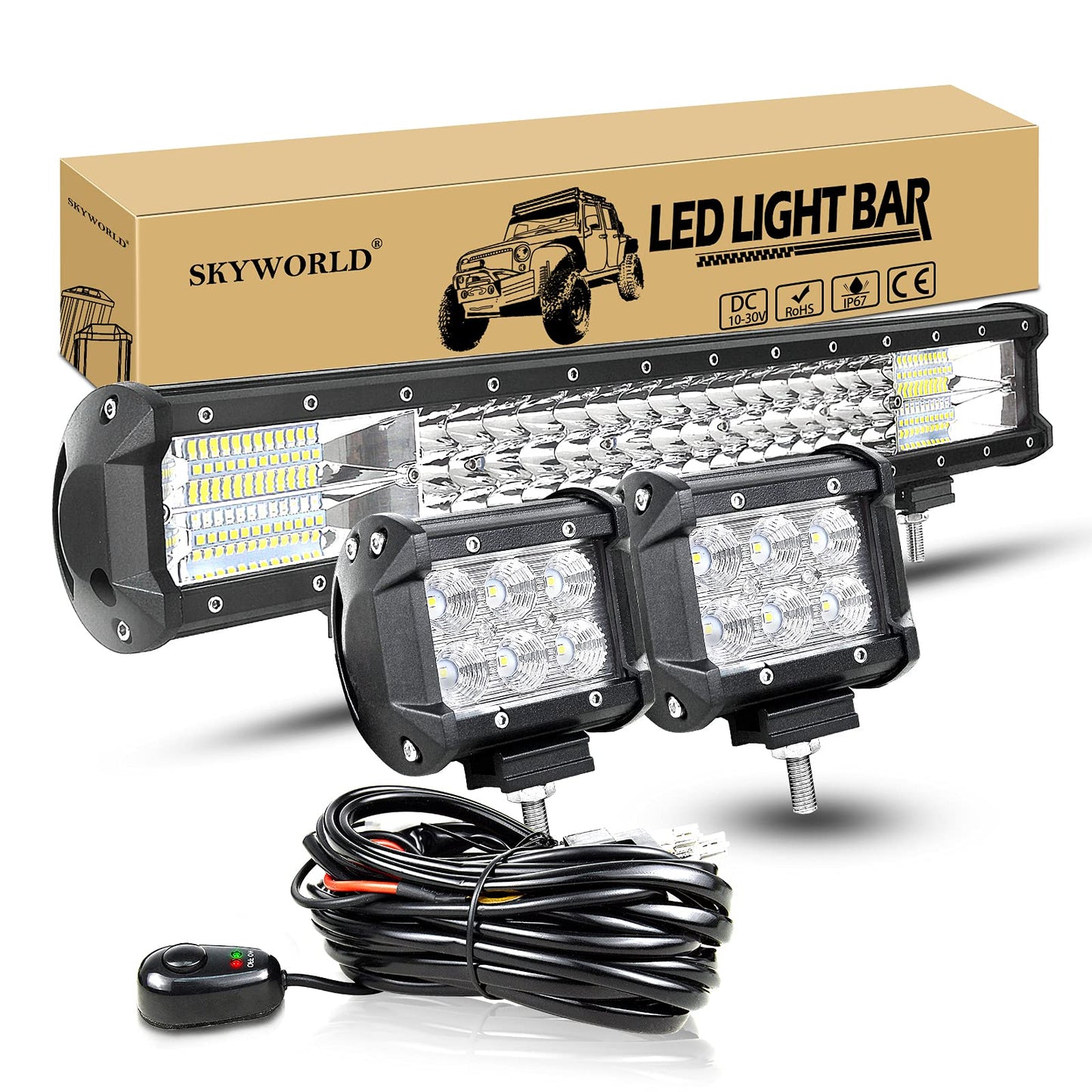 LED work light bar SKYWORLD 50cm 288W Lightbar LED spotlight combo auxiliary light 12V 24V + 2 x 10cm 18W off-road floodlight reverse lights with wiring harness for 4x4 trucks, cars, tractors, SUVs.