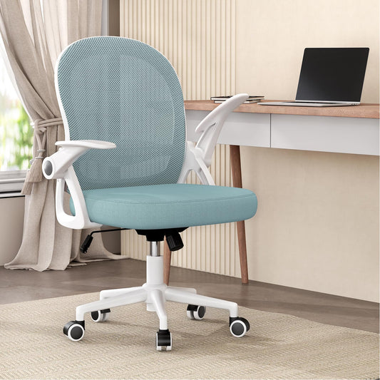 Rattan tree Ergonomic Office Chair, Desk Chair with Breathable Backrest, Height Adjustable, Mesh Chair with Foldable Armrests, Computer Chair, 360° Swivel Chair for Office, Home, Blue
