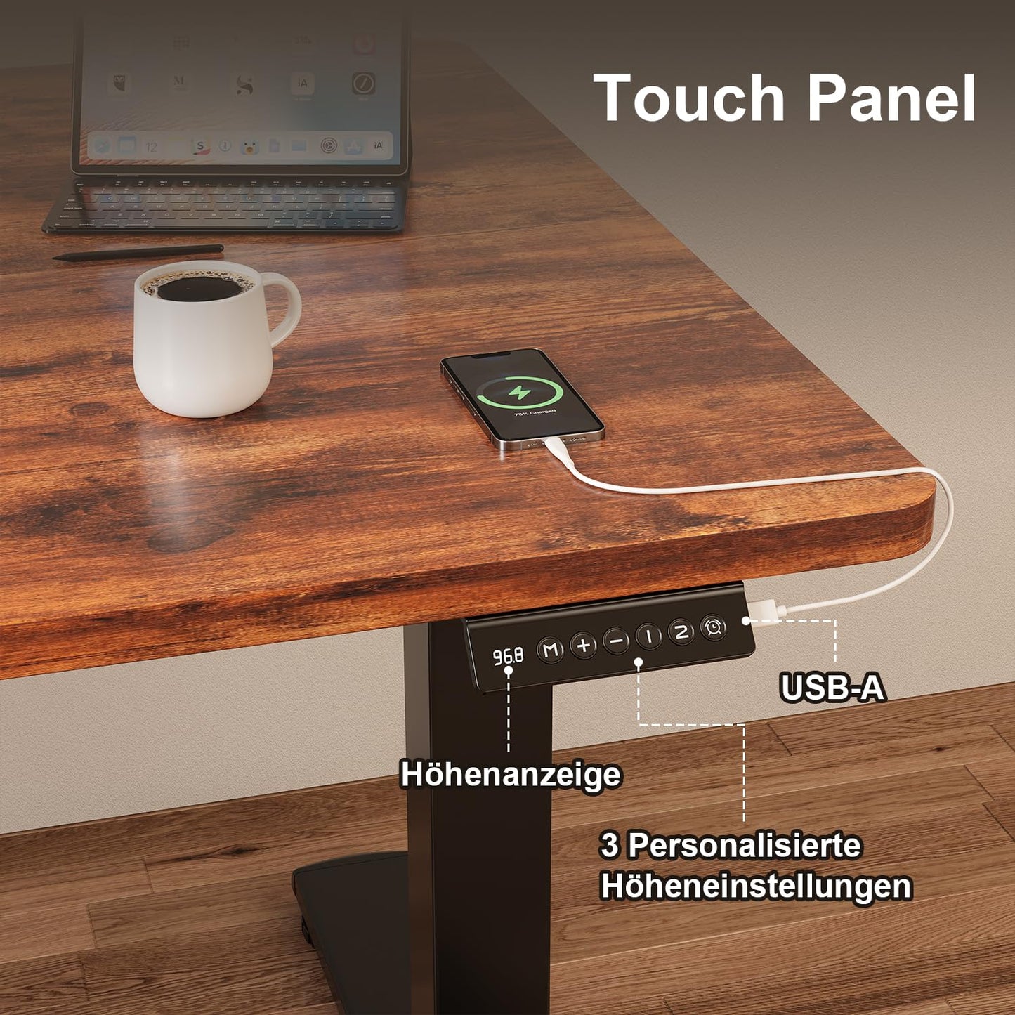 JUMMICO Adjustable Standing Desk COMPLETE TABLETOP Electric Height Adjustable Desk with Memory Function Standing-Sitting Table Computer Desk 120 x 60 cm Brown