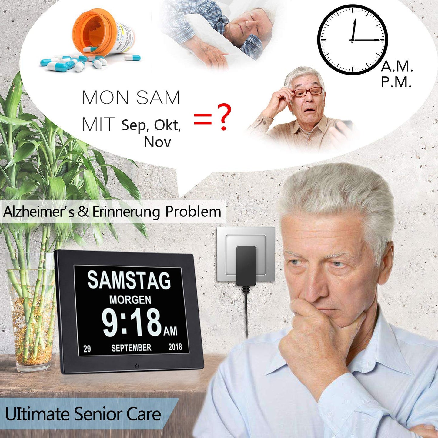 8 Inch Digital Alarm Clock, Digital Calendar Day Clock, Alarm Clock Multiple Modes with Reminder Function for Seniors, Dementia such as Alzheimer's Patients, Large Font Electronic Calendar Day Clock - Black
