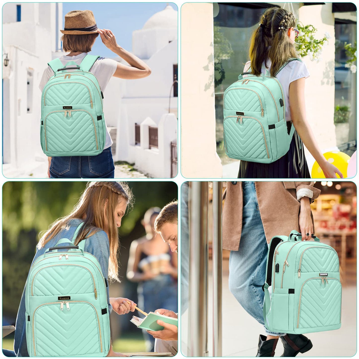 Kuosdaz Backpack Women 15.6 Inch, Large School Backpack Girls Teenager, with USB Charging Port for Laptop Work Waterproof Backpack, University, Travel, Business, Everyday, Women, School, Mint Green