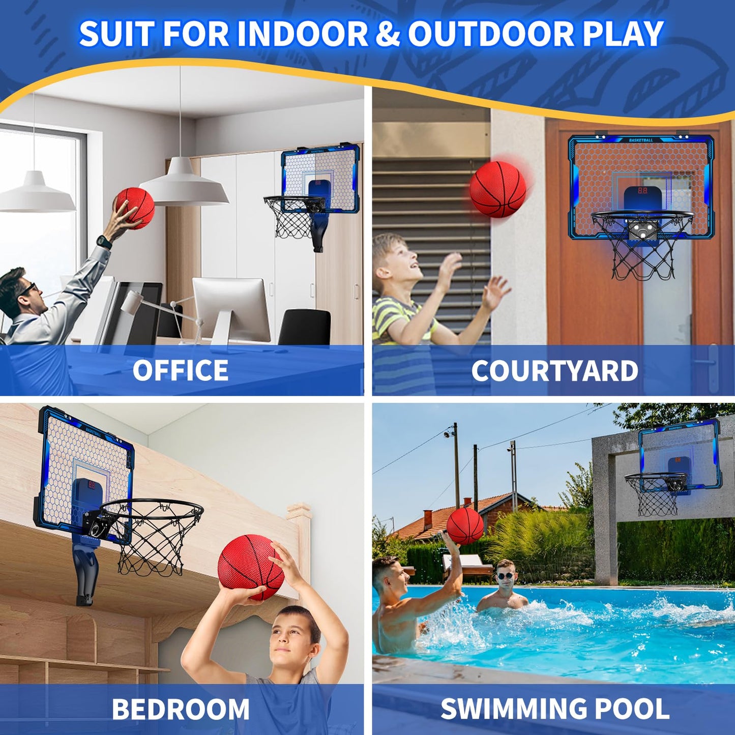 HYES Mini basketball hoop with 7 lighting for kids, electronic scoreboard, 3 balls, pump, indoor outdoor basketball hoop sports toy for kids, blue.
