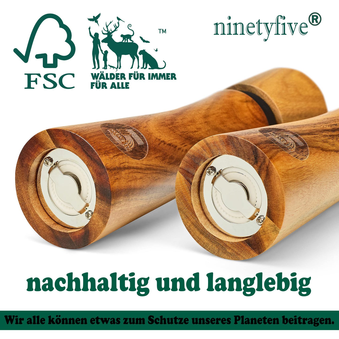 ninetyfiveยฎ premium wooden pepper mill set | salt and pepper grinder + coaster and filling spoon made of acacia wood | spice mills with ceramic grinder (21cm) | high-quality gift packaging