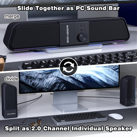 SENZER CS20 PC speakers USB Powered Bluetooth Flowing LED Gaming Soundbar Speaker for Laptop Desktop Monitor (Not 3.5mm Jack)