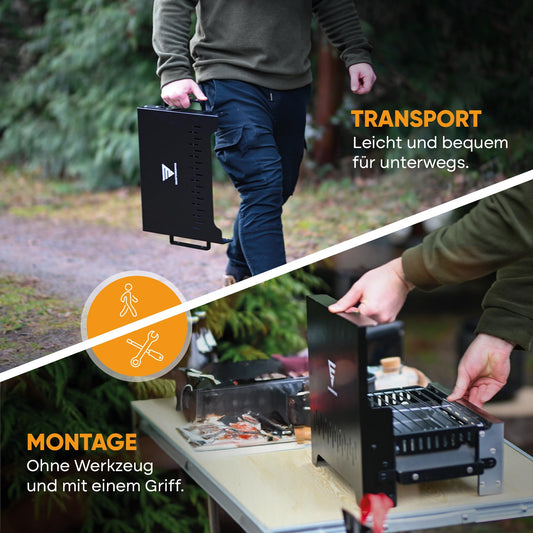SCHNEIDERFREUDE Premium folding grill with bag: DEKRA-certified camping grill for true grill fans - Designed in Germany for the ultimate outdoor experience.