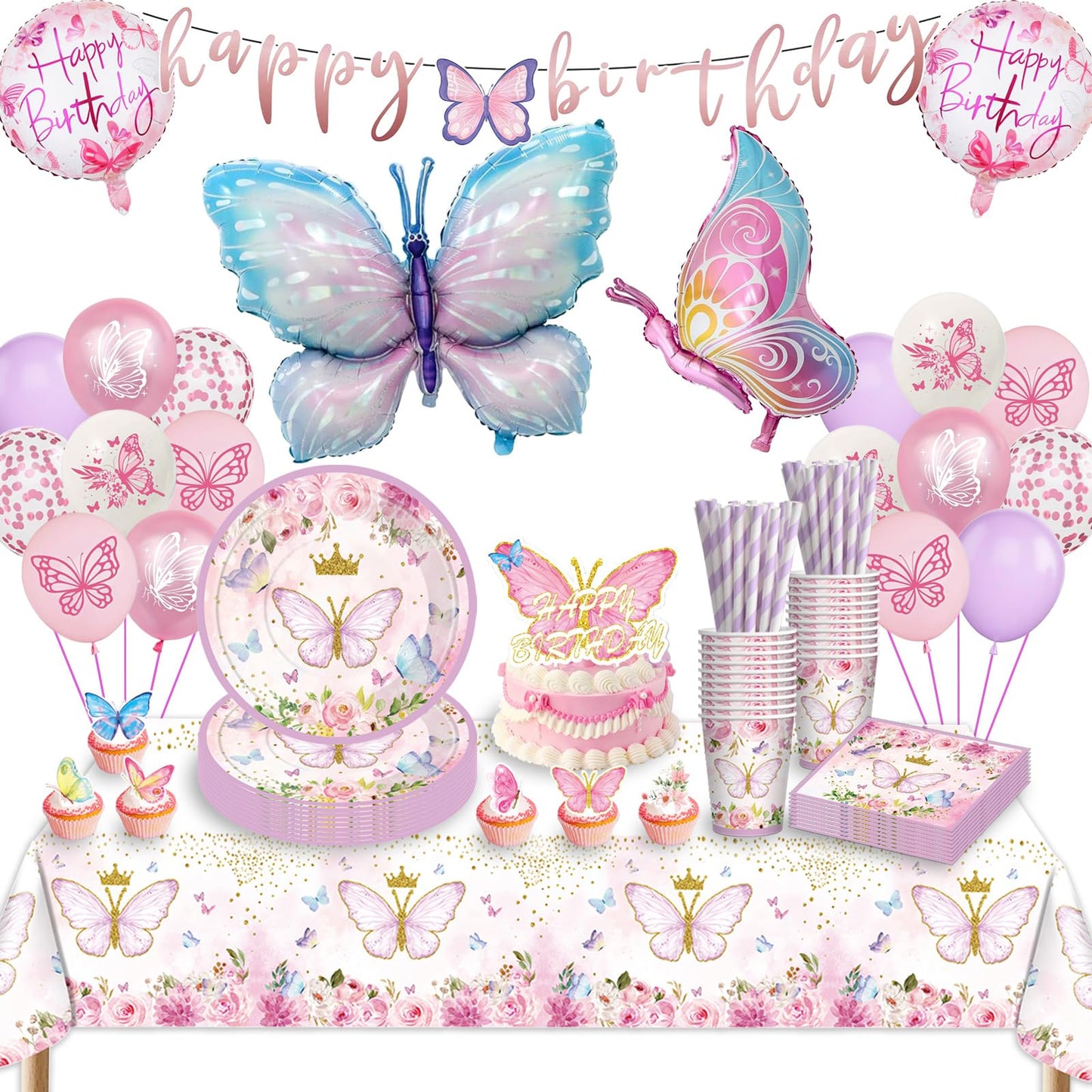 Butterfly party tableware set for birthday - decorations, balloons, paper plates, tablecloth for girls' party decoration - 16 guests