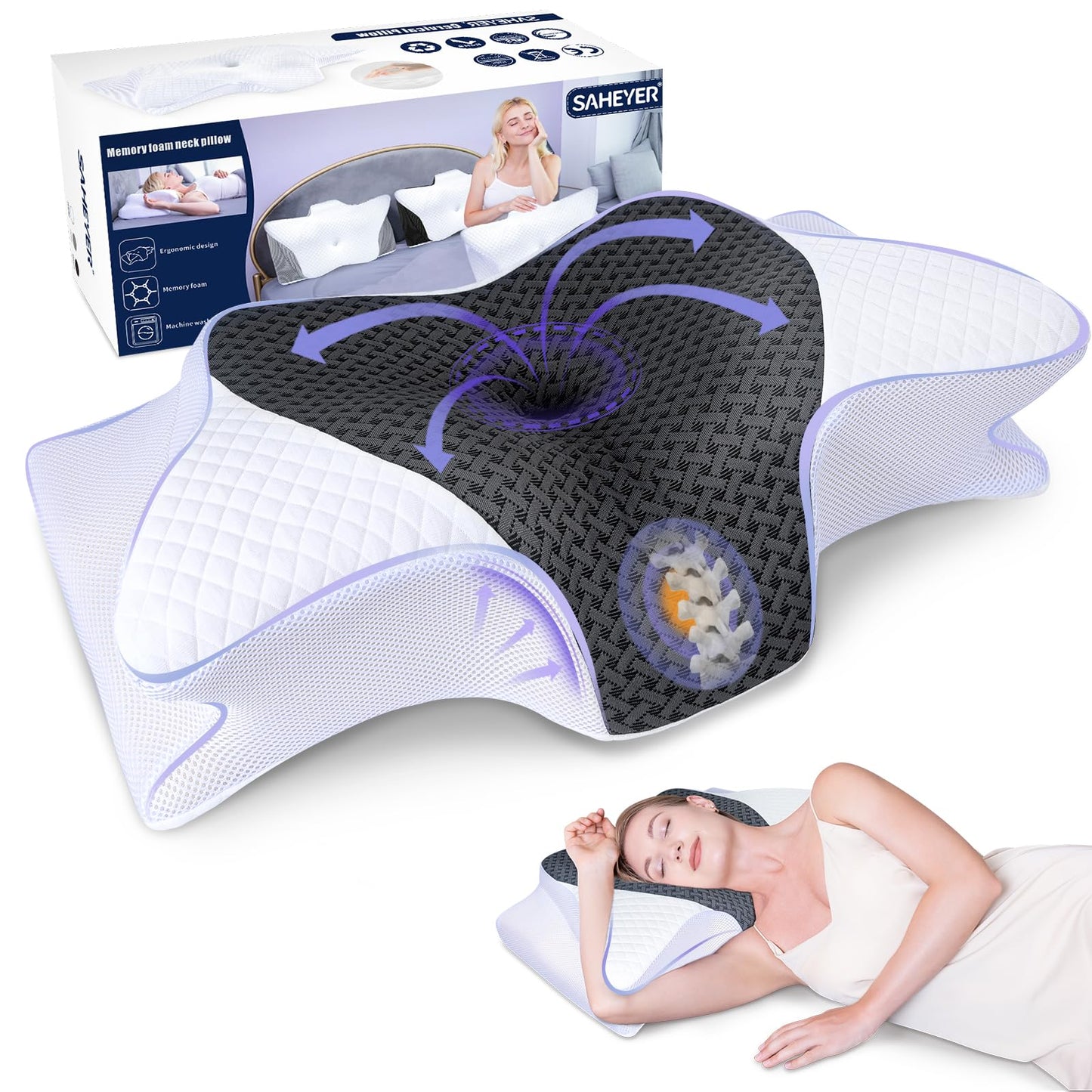 SAHEYER neck pillow, memory foam pillow side sleeper pillow ergonomic orthopedic neck support pillow improve sleep quality neck roll, 60 x 35.5 x 10/13CM sleeping pillow with pillowcase