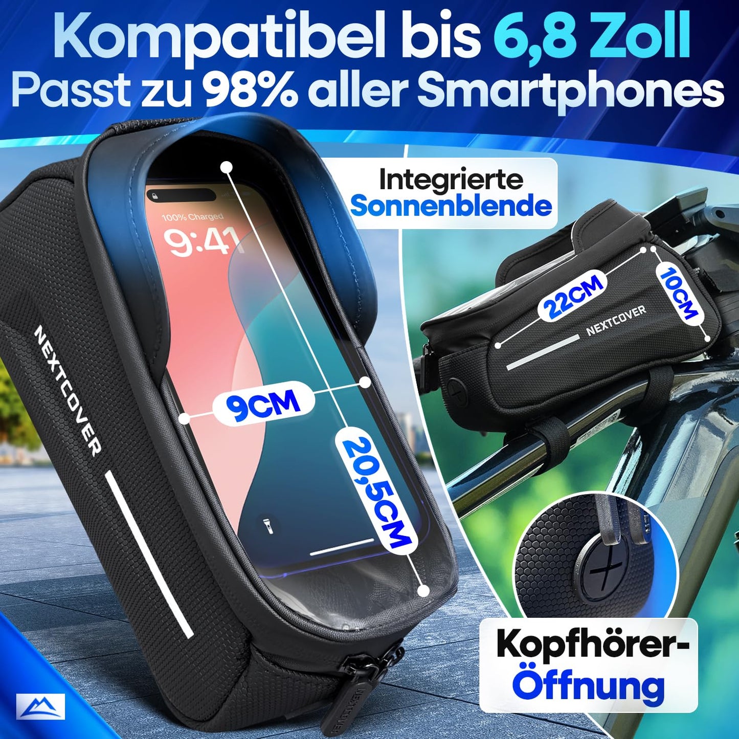 Nextcover® frame bag for bike with phone pocket I bicycle frame bag with touchscreen I bike frame bag waterproof, top tube bag bikepacking - Ideal for e-bike, MTB, gravel bike, road bike
