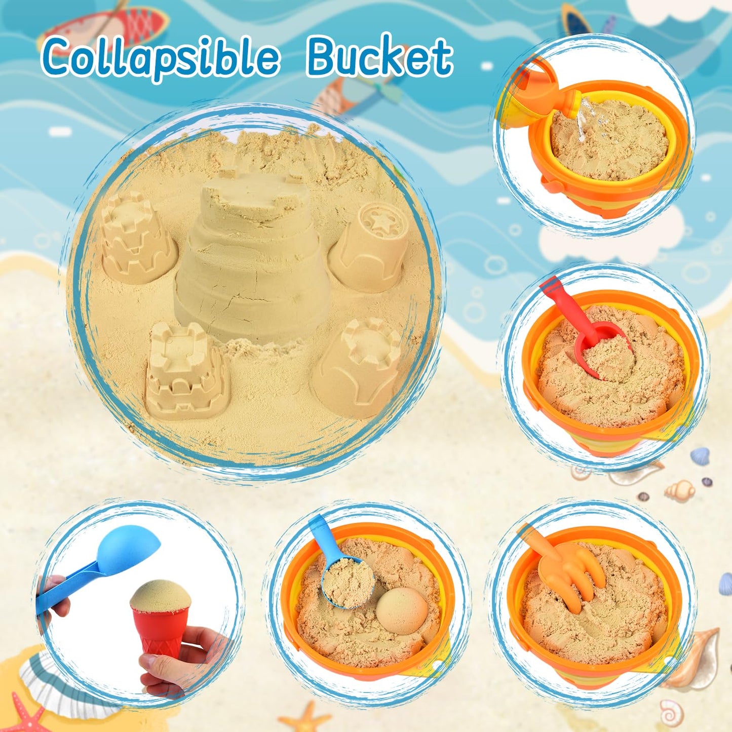 Sotodik 19-Piece Sandbox Toy Set, Travel Sandbox Toy with Folding Bucket for Kids, Sandbox Beach Toys Sand Molds, Outdoor Toys for Boys and Girls Ages 3 4 5 6 7+