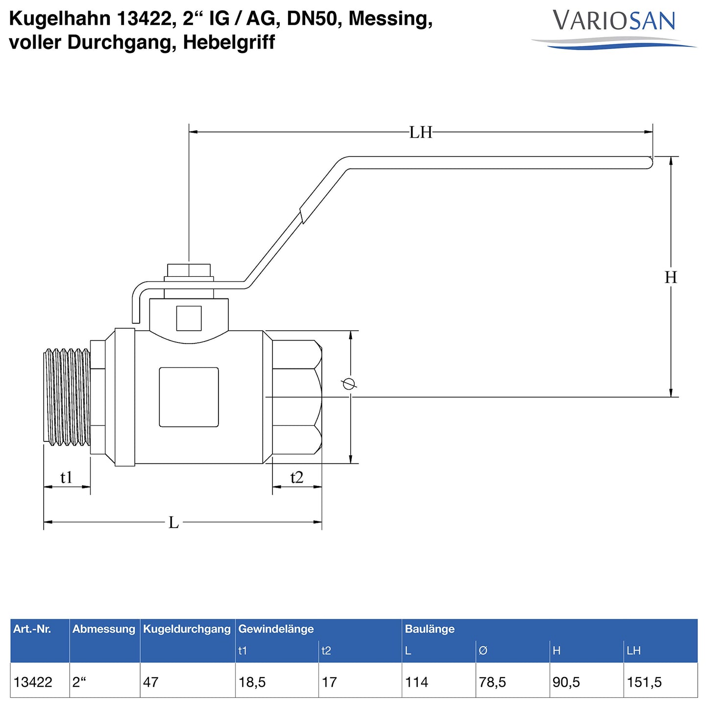 VARIOSAN ball valve 13422, 2" female thread/male thread, DN50, brass, full bore, lever handle