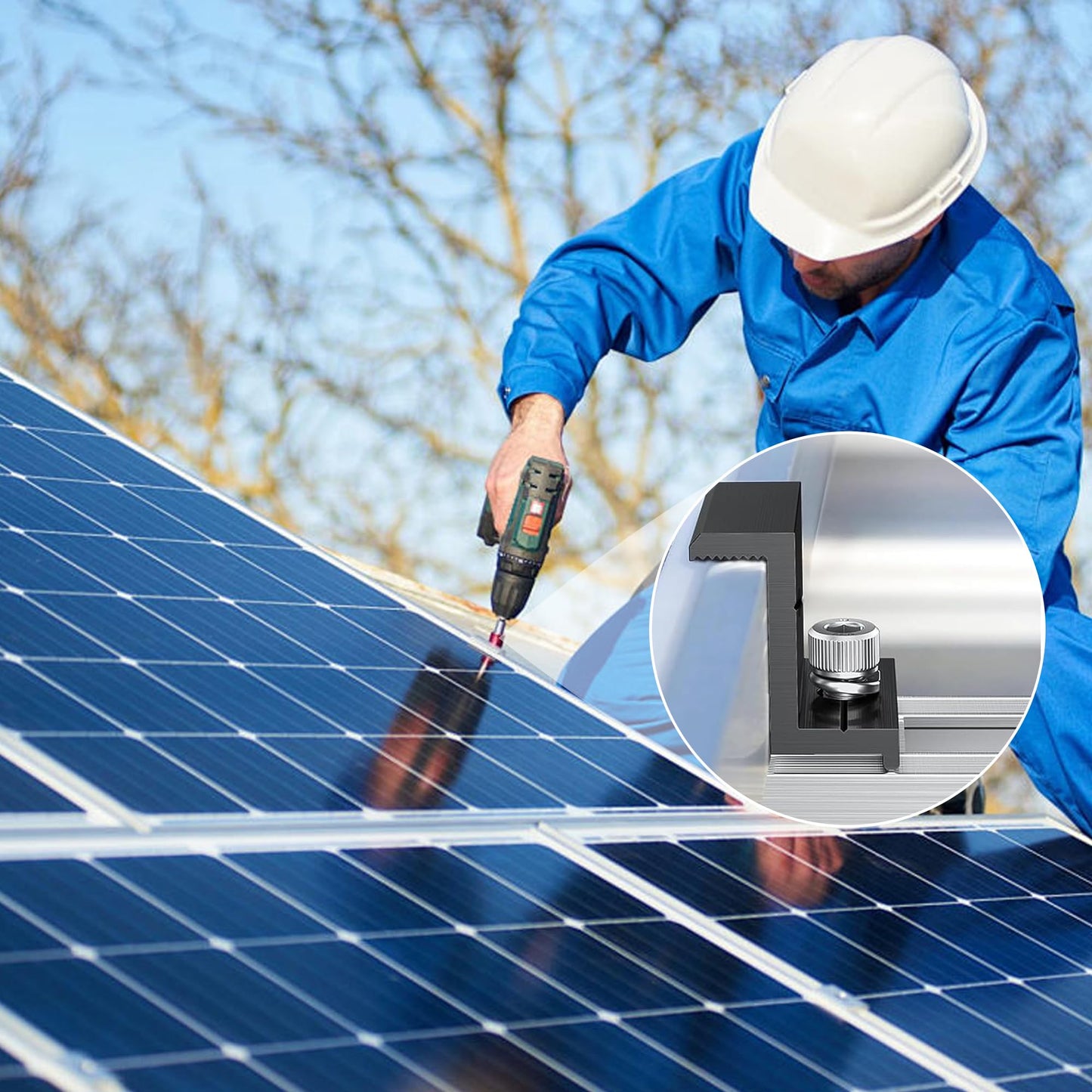 Solar panel mounting 2 module set: Photovoltaic PV mounts with 12cm aluminum rails and adjustable clamp for 30-35mm thick modules for flat roof trapezoidal sheet metal tile roof.