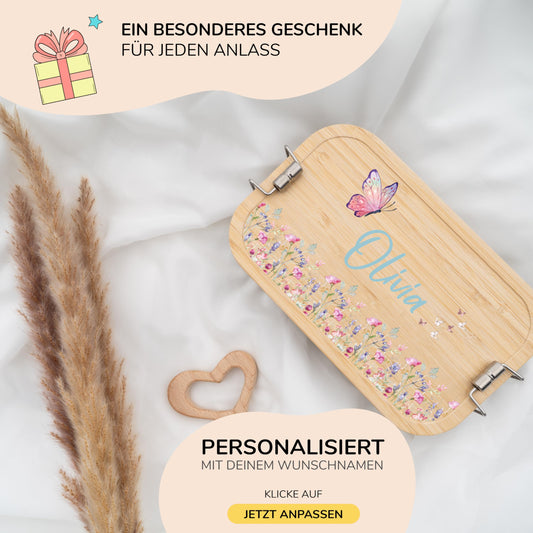 Kidsmood - Personalized lunchbox for kids with compartments, stainless steel container with bamboo lid. Printed without harmful substances, featuring cute animal design and name. Perfect gifts for girls & boys starting school.