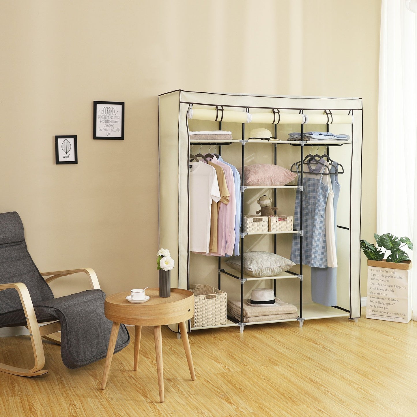 SONGMICS wardrobe, foldable fabric closet with 2 clothes rails, 175 x 150 x 45 cm, Beige RYG12M