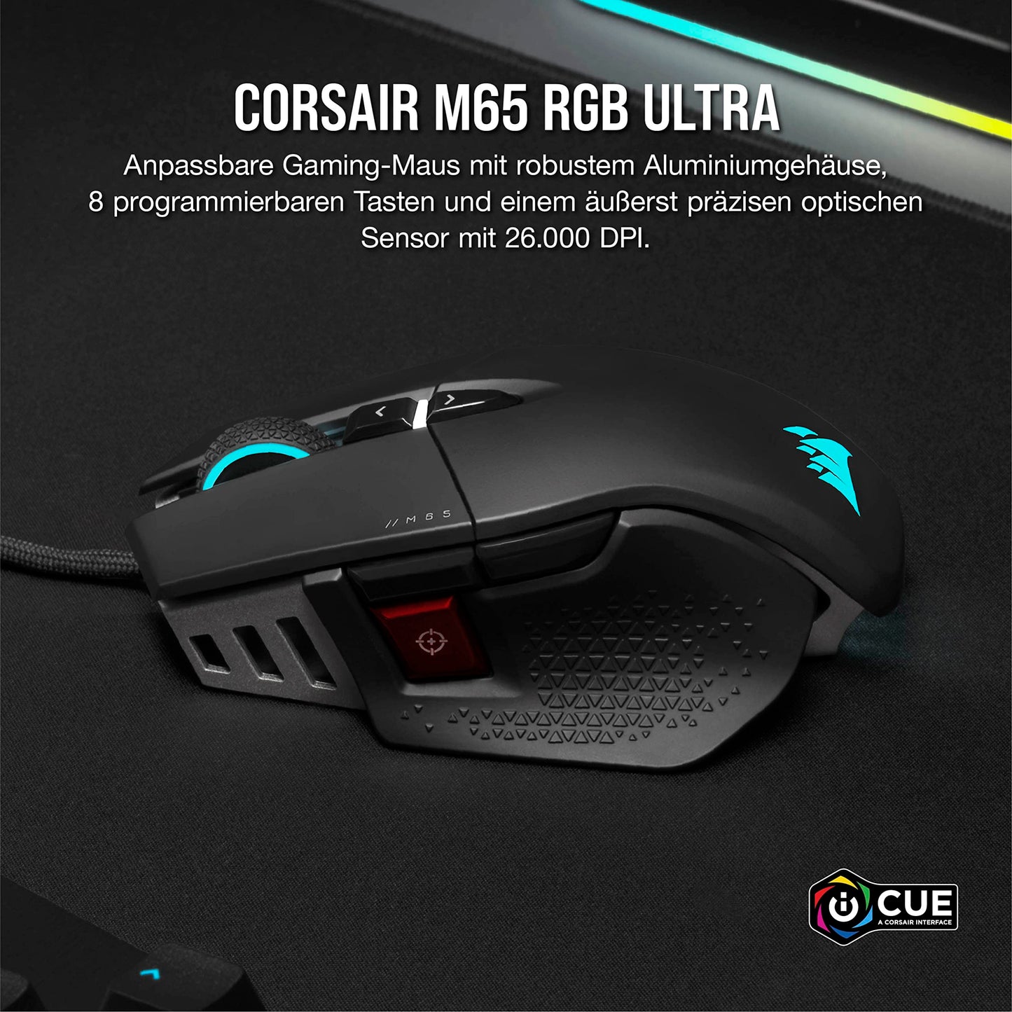 CORSAIR M65 RGB ULTRA Wired Tunable FPS Gaming Mouse - 26,000 DPI - Optical Switches - Weight System - AXON Hyper-Processing Technology - iCUE Compatible - PC, Mac, PS5, PS4, Xbox - Black