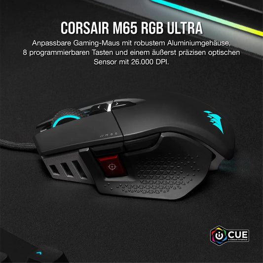CORSAIR M65 RGB ULTRA Wired Tunable FPS Gaming Mouse - 26,000 DPI - Optical Switches - Weight System - AXON Hyper-Processing Technology - iCUE Compatible - PC, Mac, PS5, PS4, Xbox - Black