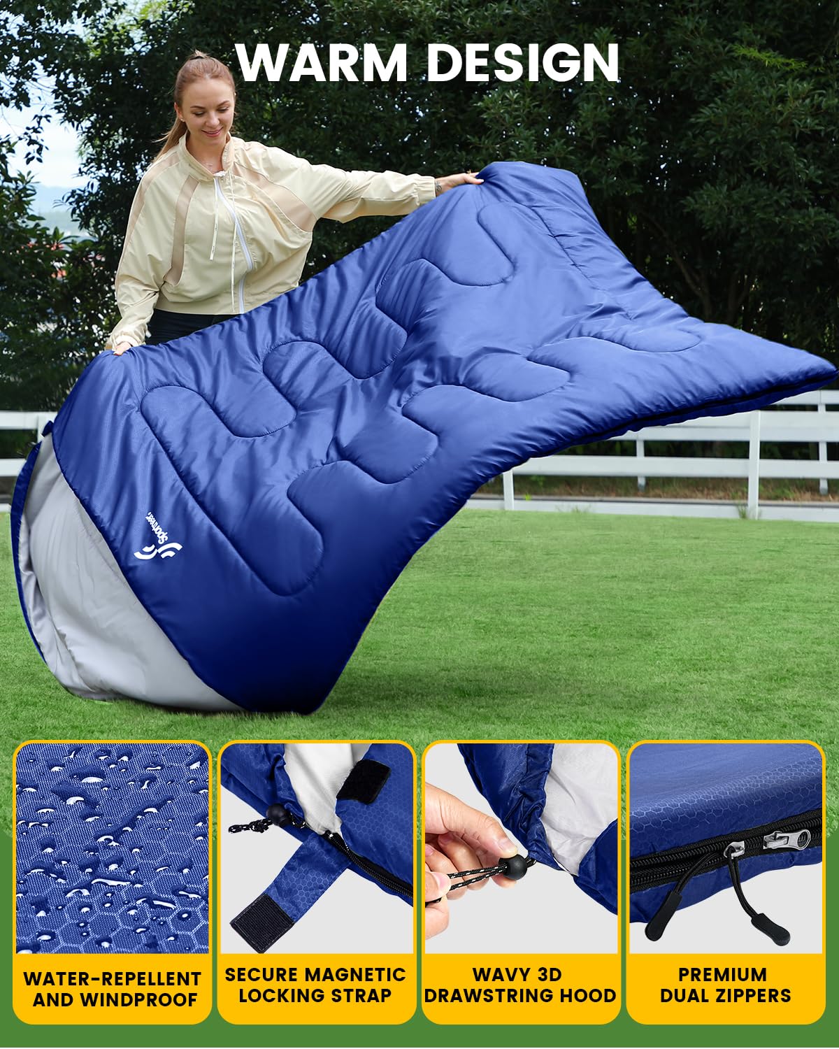 Outdoor Sleeping Bag: Sportneer Double Sleeping Bag for 2 People, 220x150cm, 3.5kg with 2 pillows, Four Double Zippers, Adult Family Blanket Sleeping Bag, Blue