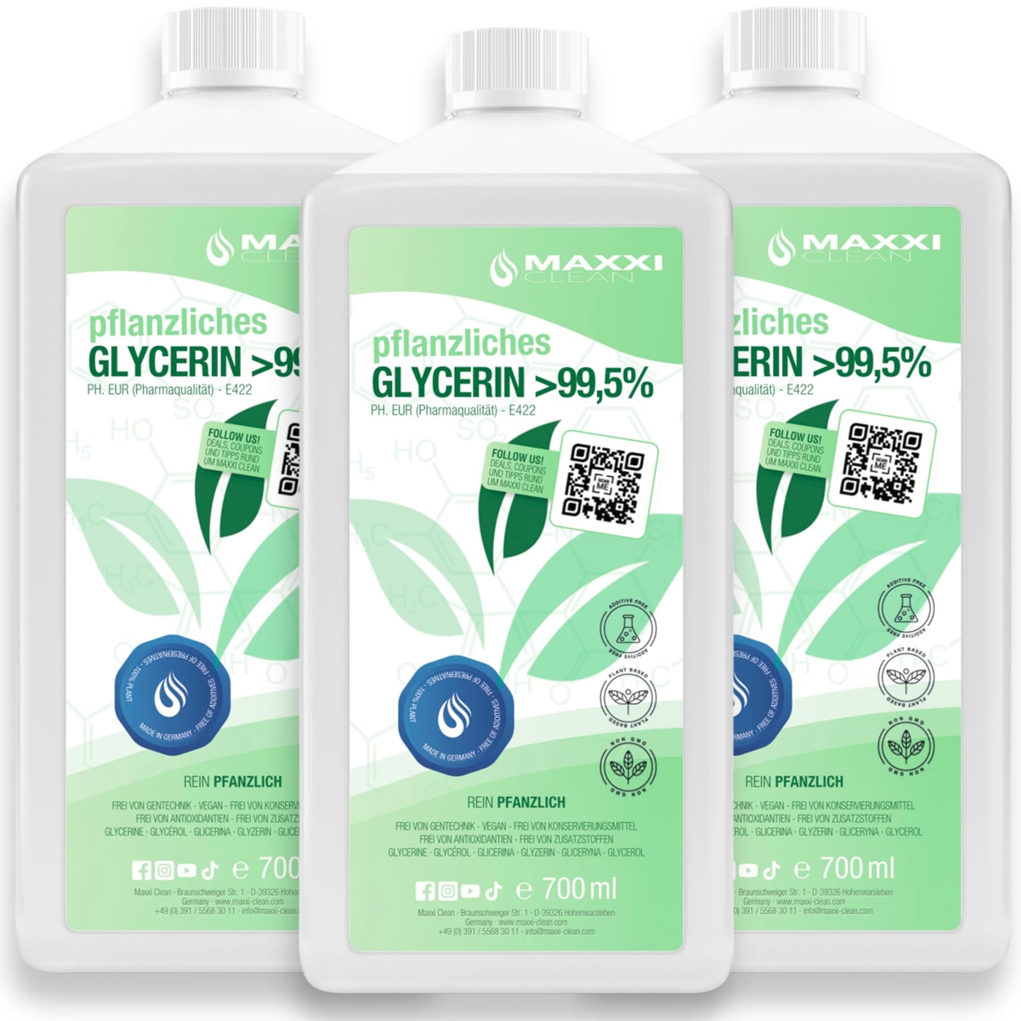 Maxxi Clean | 3x 700 ml Glycerin 99.5% | purely plant-based & nourishing for cosmetics and DIY projects | E422 Glycerol in pharmaceutical grade | Made in Germany | suitable for skincare.